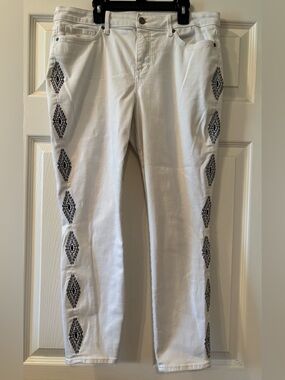 NYDJ White Women's Jeans with Black Diamond Embroidery Size 12 Boho Chic